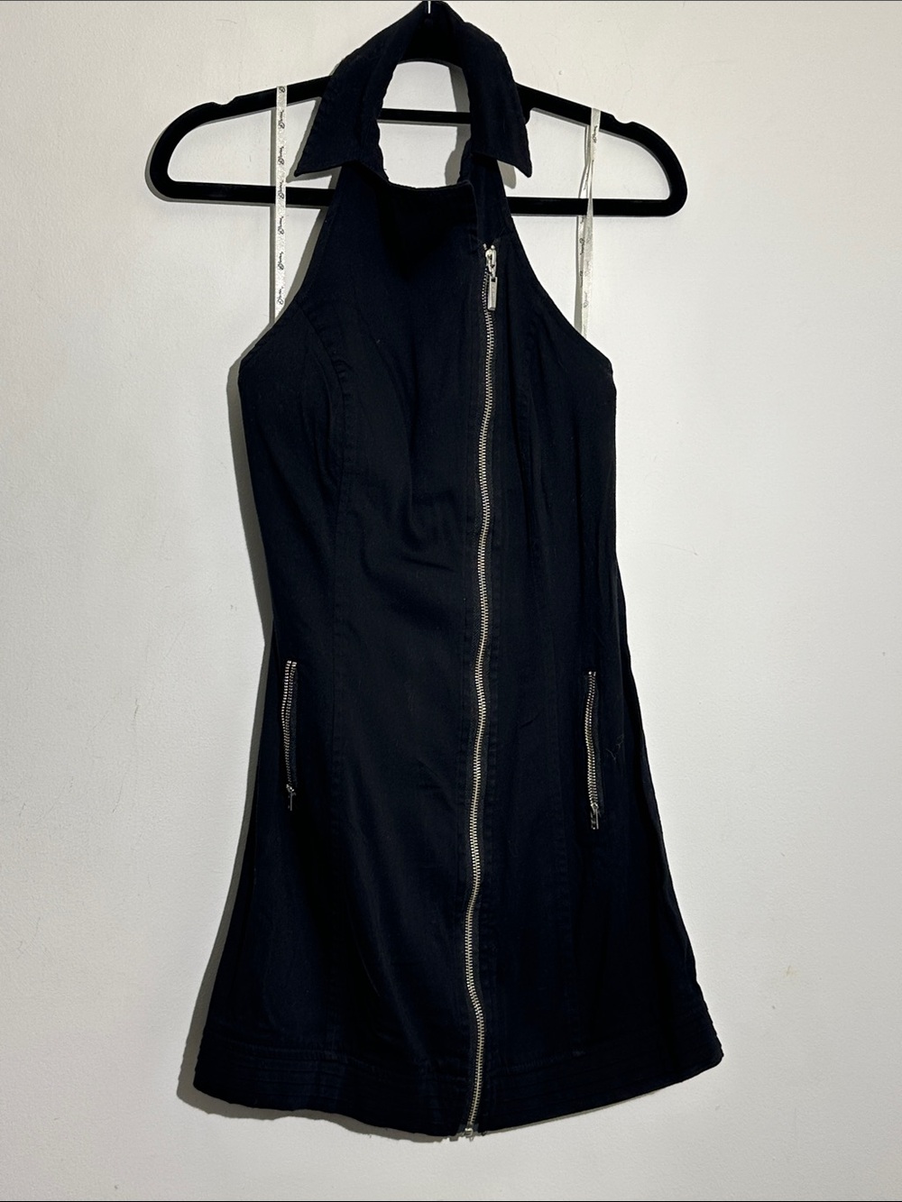 Guess Black Halter Mini Dress with Silver Zip Detail
